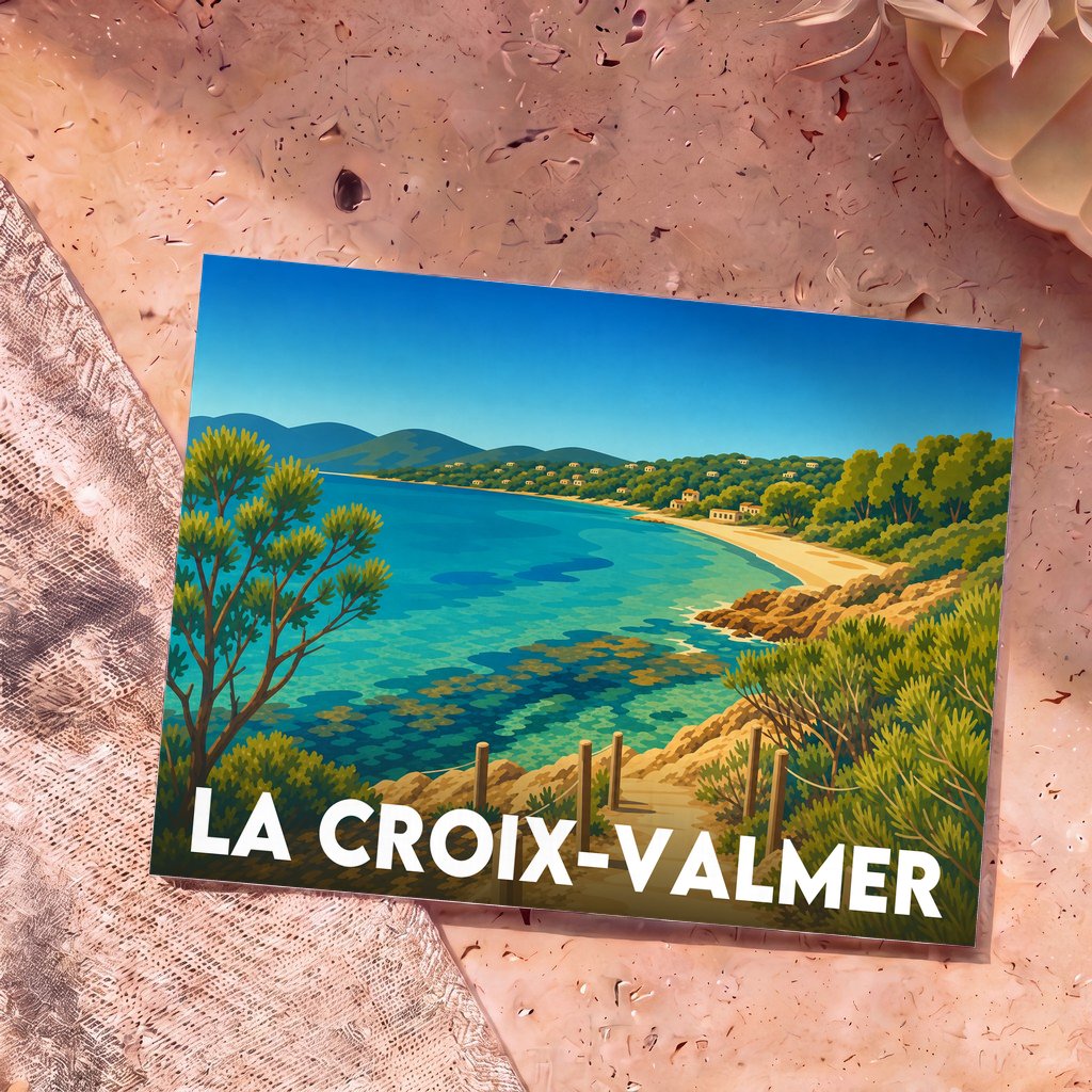 Carte postale souvenir de la ville de La Croix-Valmer avec une illustration stylisée d'un paysage côtier méditerranéen.