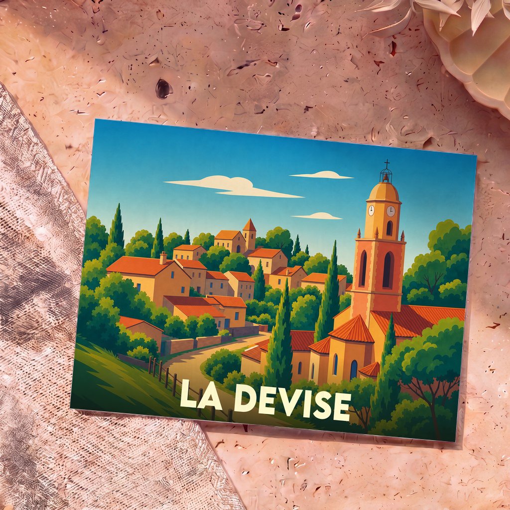 Carte postale souvenir de la ville de La Devise avec une illustration stylisée d'un village provençal.
