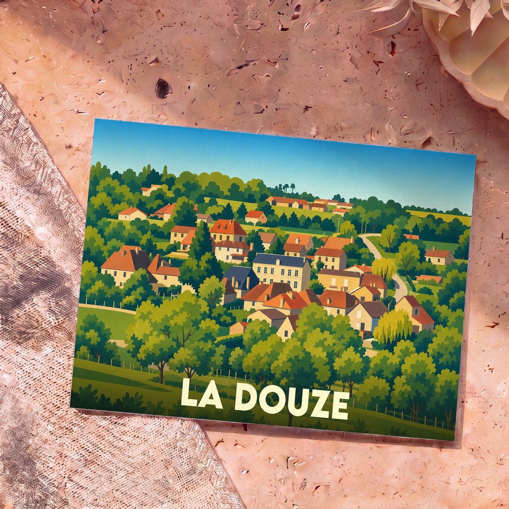Carte postale souvenir de la commune de La Douze présentant une illustration stylisée et colorée de son village niché dans la verdure.