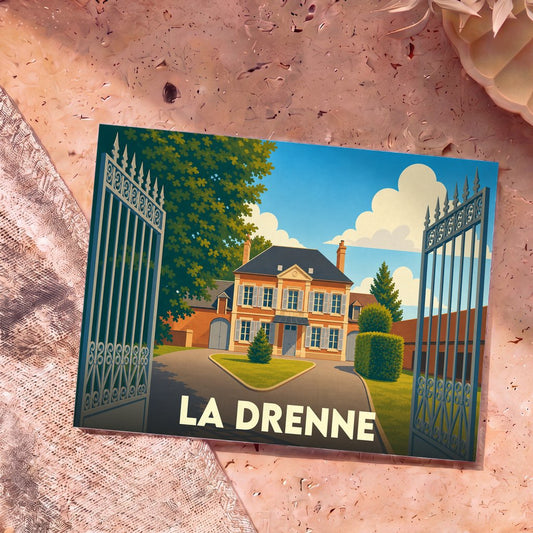 Carte postale souvenir de la commune de La Drenne illustrant une grande demeure bourgeoise derrière une grille ouverte.