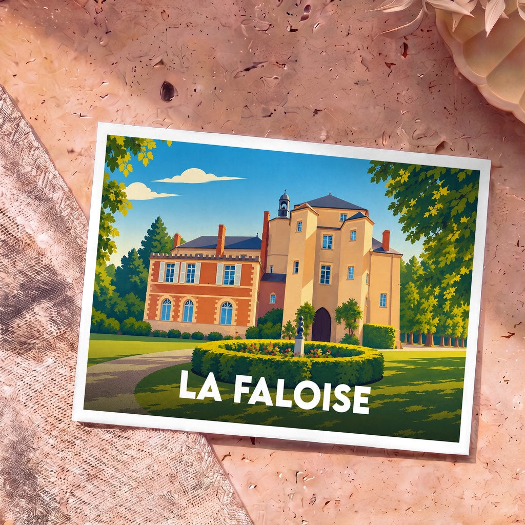 Carte postale souvenir de la ville de La Faloise avec une illustration stylisée de son château.