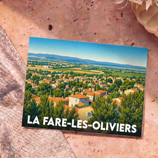 Carte postale souvenir de la ville de La Fare-les-Oliviers avec une illustration stylisée d'un paysage provençal.