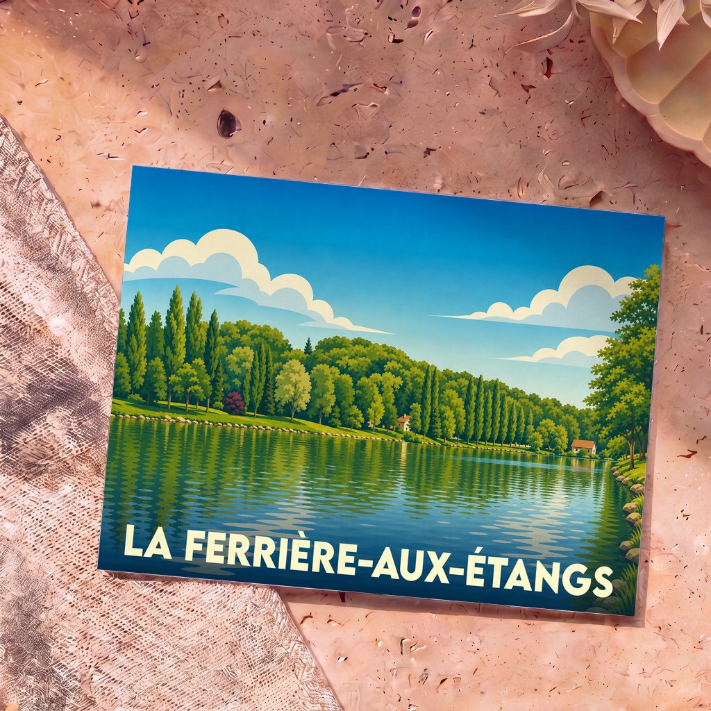 Carte postale souvenir de la ville de La Ferrière-aux-Étangs illustrant un paysage de lac et de forêt.