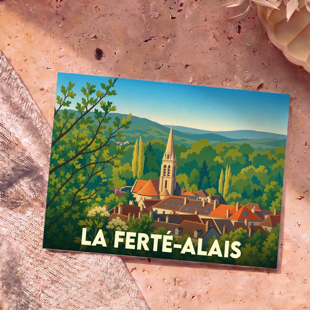 Carte postale souvenir de la ville de La Ferté-Alais avec une illustration stylisée.