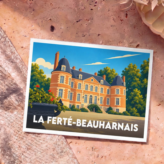 Carte postale souvenir de la ville de La Ferté-Beauharnais illustrant son château dans un style graphique et coloré.