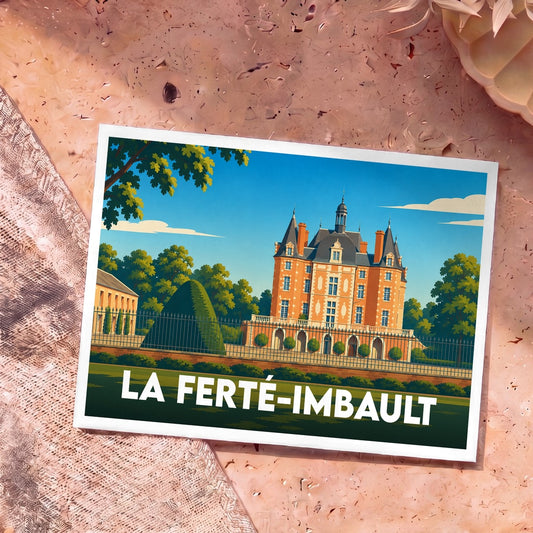Carte postale souvenir de la ville de La Ferté-Imbault avec une illustration stylisée de son château.