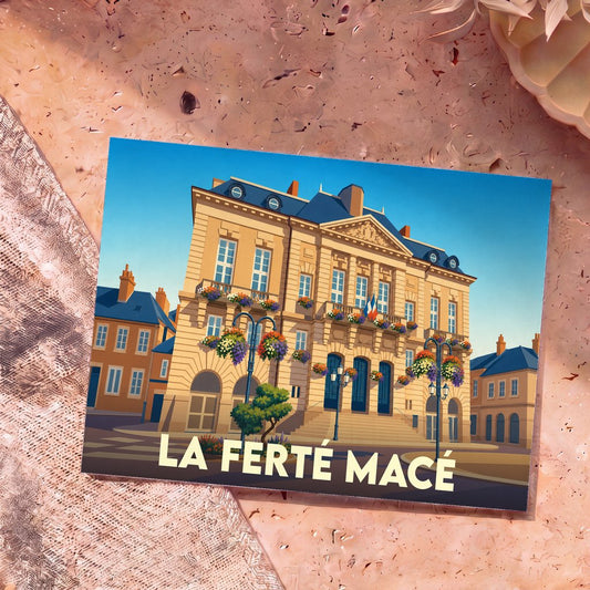 Carte postale souvenir de la ville de La Ferté Macé avec une illustration stylisée de son hôtel de ville fleuri.