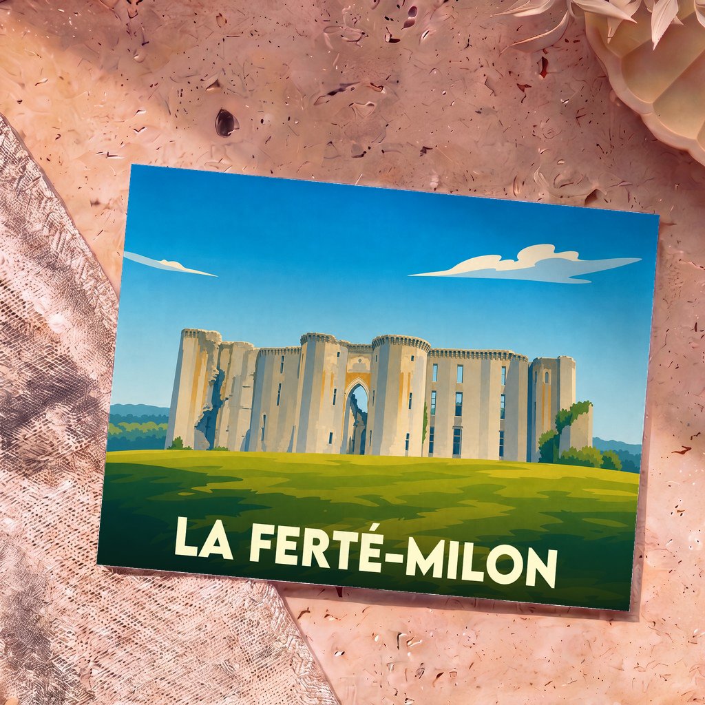 Carte postale souvenir de la ville de La Ferté-Milon avec une illustration stylisée de son château.
