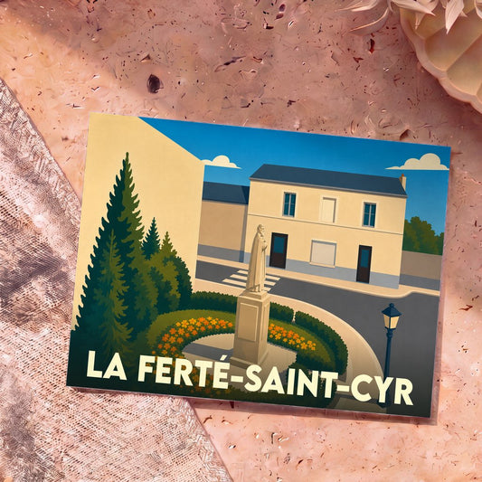 Carte postale souvenir de La Ferté-Saint-Cyr présentant une illustration stylisée de la place du village.