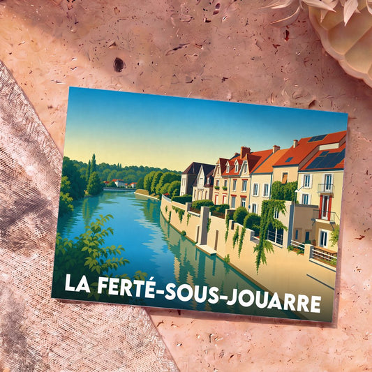 Carte postale souvenir de la ville de La Ferté-sous-Jouarre avec une illustration stylisée des bords de Marne.