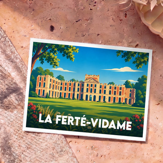 Carte postale souvenir de La Ferté-Vidame avec une illustration stylisée de son château.