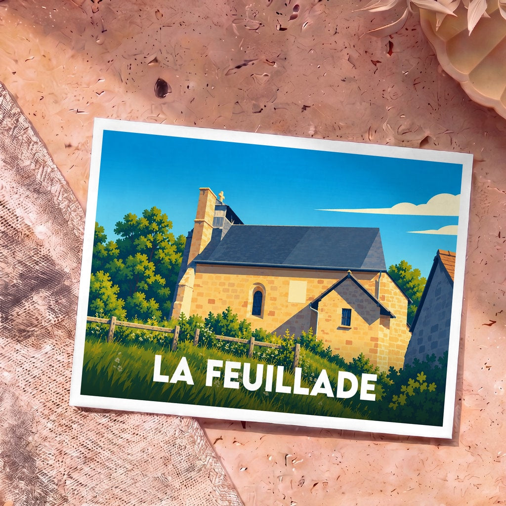 Carte postale souvenir de la ville de La Feuillade avec une illustration stylisée de son église.