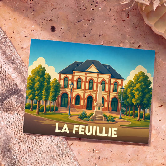 Carte postale souvenir de la ville de La Feuillie avec une illustration stylisée de sa mairie.