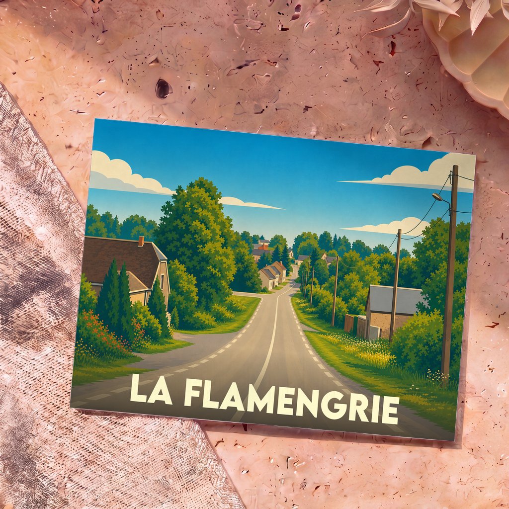 Carte postale souvenir de la ville de La Flamengrie avec une illustration stylisée d'une route de campagne.