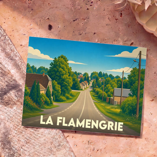 Carte postale souvenir de la ville de La Flamengrie avec une illustration stylisée d'une route de campagne.