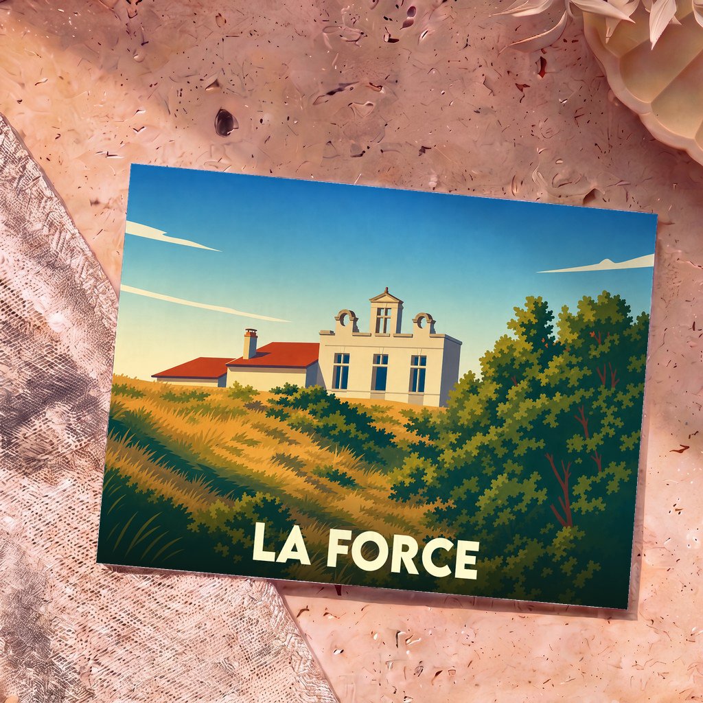 Carte postale souvenir de la ville de La Force arborant une illustration stylisée d'un bâtiment historique dans un paysage ensoleillé.