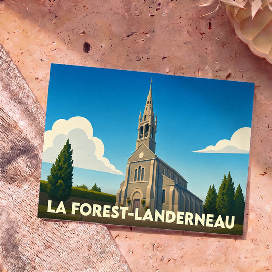 Carte postale souvenir de la ville de La Forest-Landerneau avec une illustration stylisée de son église.