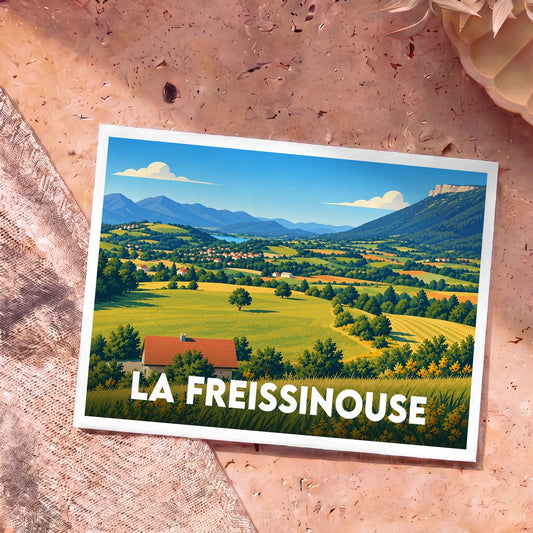 Carte postale souvenir de la ville de La Freissinouse avec une illustration stylisée d'un paysage de campagne vallonné.