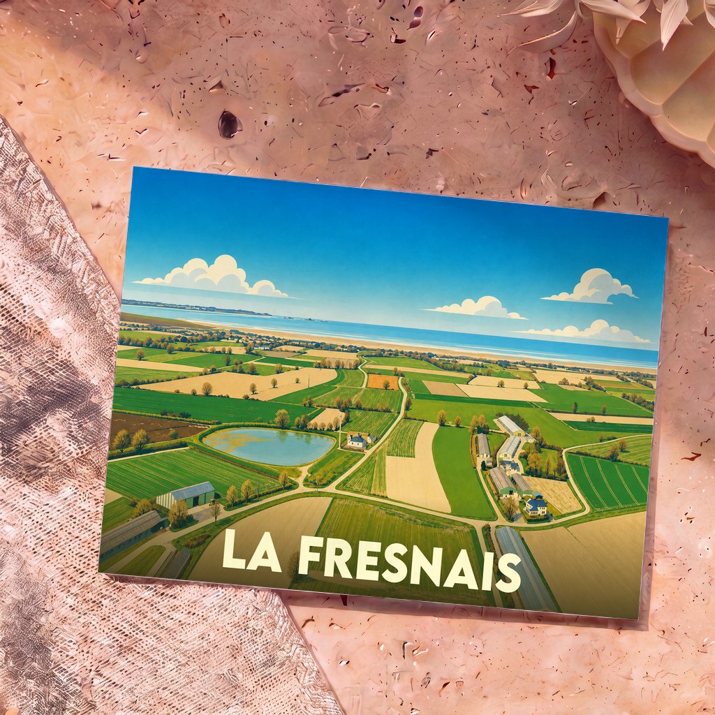 Carte postale souvenir de la ville de La Fresnais avec une illustration stylisée de son paysage champêtre bordant la mer.