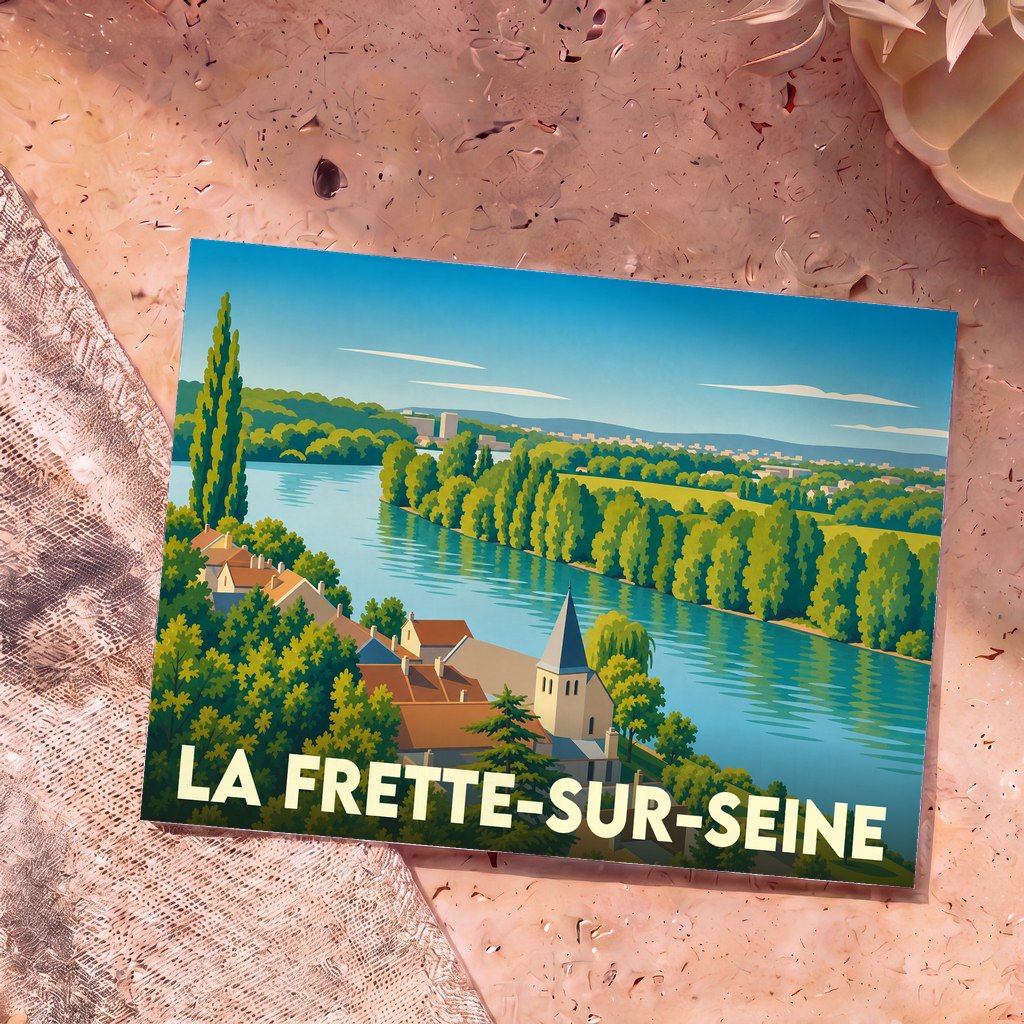 Carte postale souvenir de la ville de La Frette-sur-Seine avec une illustration stylisée d'un paysage de bord de Seine.