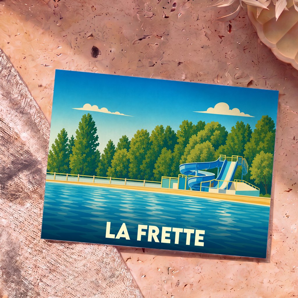 Carte postale souvenir de la ville de La Frette avec une illustration stylisée de sa base de loisirs.