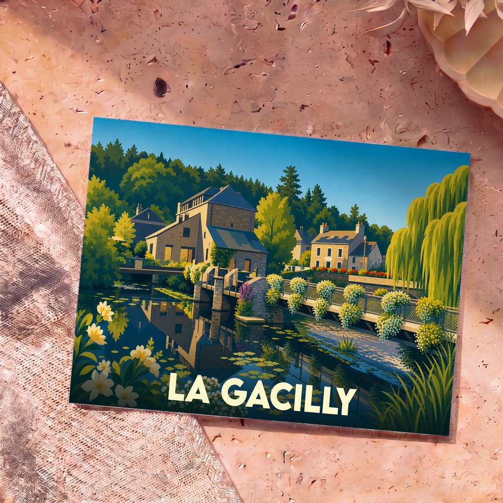 Carte postale souvenir de la ville de La Gacilly avec une illustration stylisée d'un village au bord de l'eau.