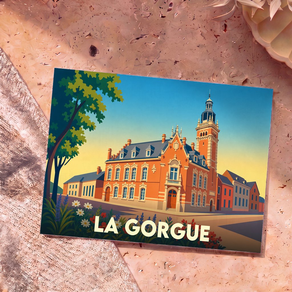 Carte postale souvenir de la ville de La Gorgue avec une illustration stylisée de son hôtel de ville.