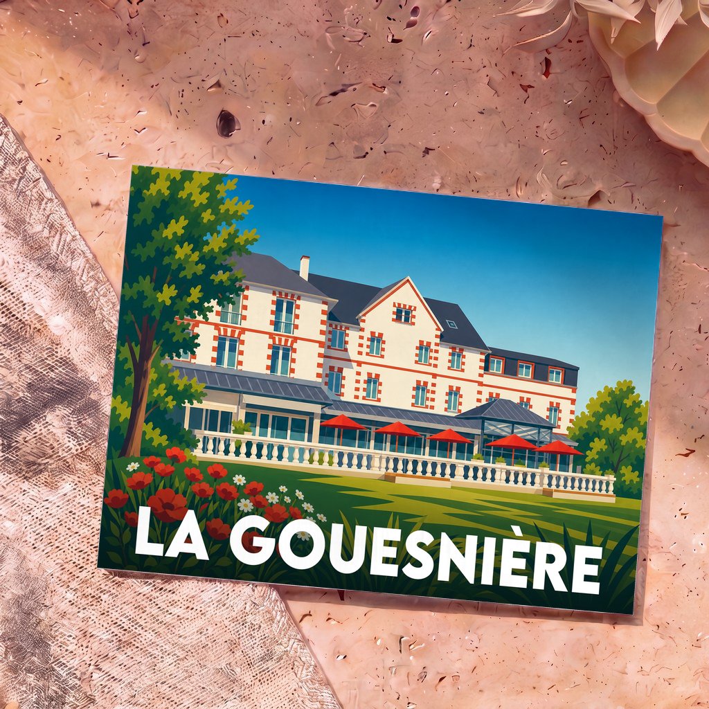 Carte postale souvenir de la ville de La Gouesnière illustrant une grande bâtisse de style régional.