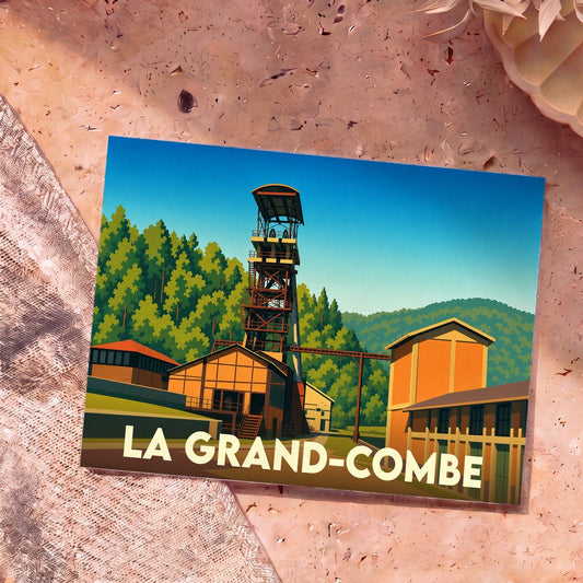 Carte postale souvenir de la ville de La Grand-Combe avec une illustration stylisée de son patrimoine minier.