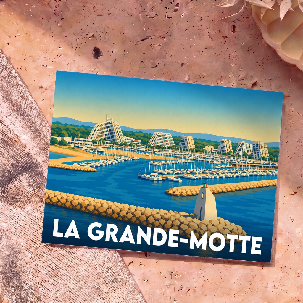 Carte postale souvenir de la ville de La Grande-Motte avec une illustration stylisée de son port et de son architecture pyramidale.