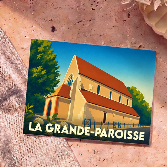 Carte postale souvenir de la ville de La Grande-Paroisse avec une illustration stylisée de son église.