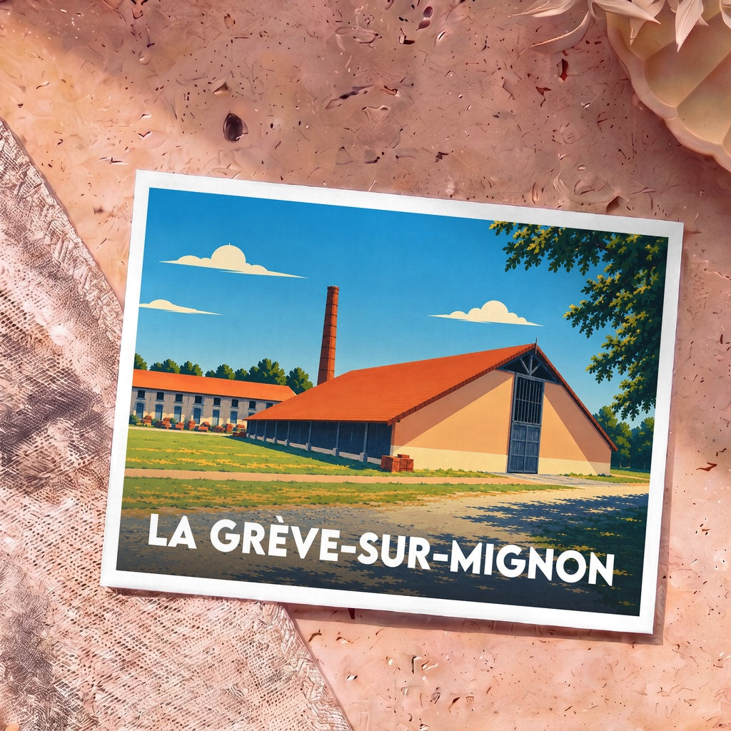 Carte postale souvenir de la ville de La Grève-sur-Mignon avec une illustration stylisée de sa briqueterie.