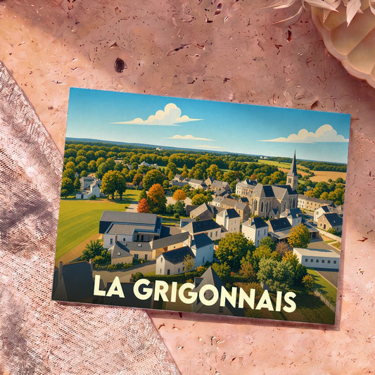 Carte postale souvenir de la ville de La Grigonnais avec une illustration stylisée vue du ciel.