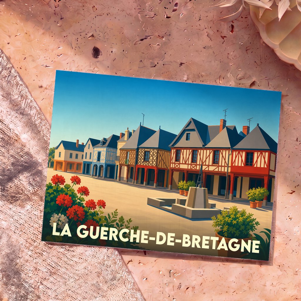 Carte postale souvenir de la ville de La Guerche-de-Bretagne avec une illustration stylisée de ses maisons à pans de bois.