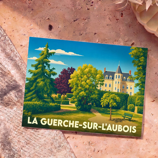Carte postale souvenir de la ville de La Guerche-sur-l'Aubois avec une illustration stylisée d'un parc arboré et d'un château.