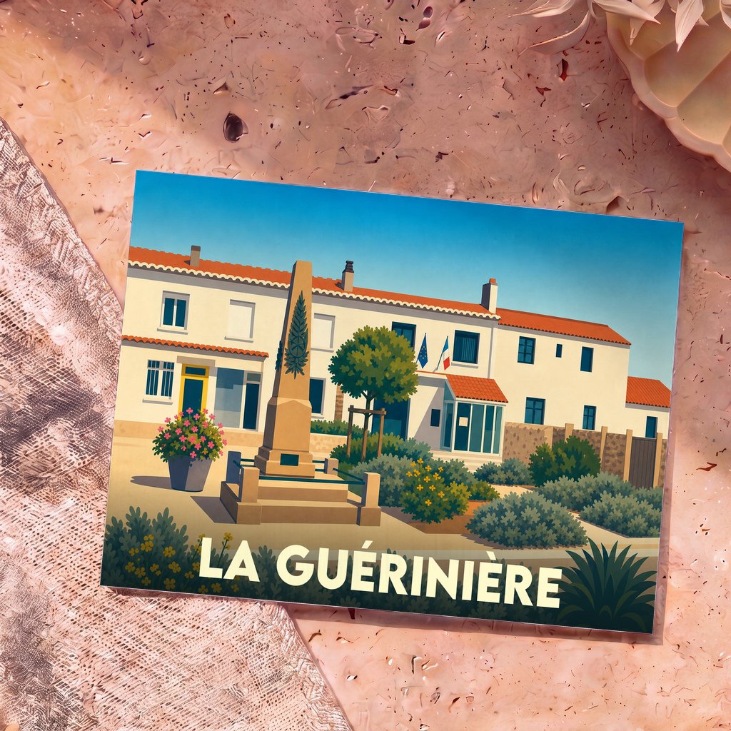Carte postale souvenir de la ville de La Guérinière avec une illustration stylisée de son monument aux morts et de la mairie.