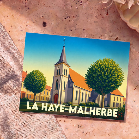 Carte postale souvenir de la ville de La Haye-Malherbe avec une illustration stylisée de son église.