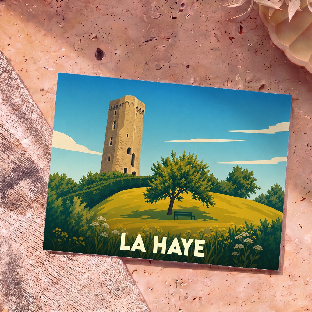 Carte postale souvenir de la ville de La Haye avec une illustration stylisée de sa tour médiévale.