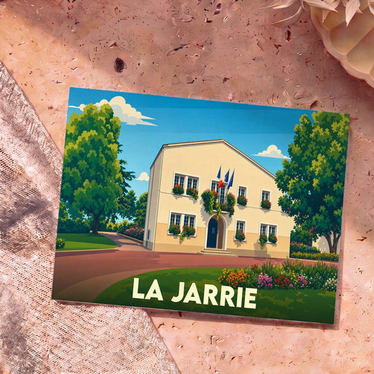 Carte postale souvenir de la ville de La Jarrie avec une illustration stylisée de sa mairie fleurie.