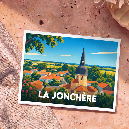 Carte postale souvenir de la ville de La Jonchère avec une illustration colorée et stylisée de son clocher et de ses toits rouges.