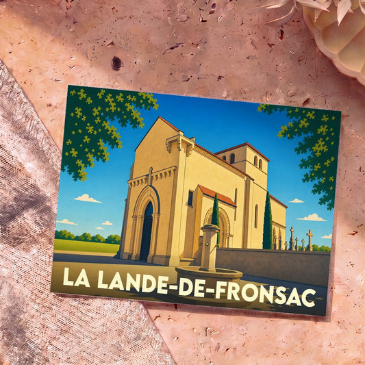 Carte postale souvenir de la ville de La Lande-de-Fronsac illustrant son église romane dans un style graphique épuré.