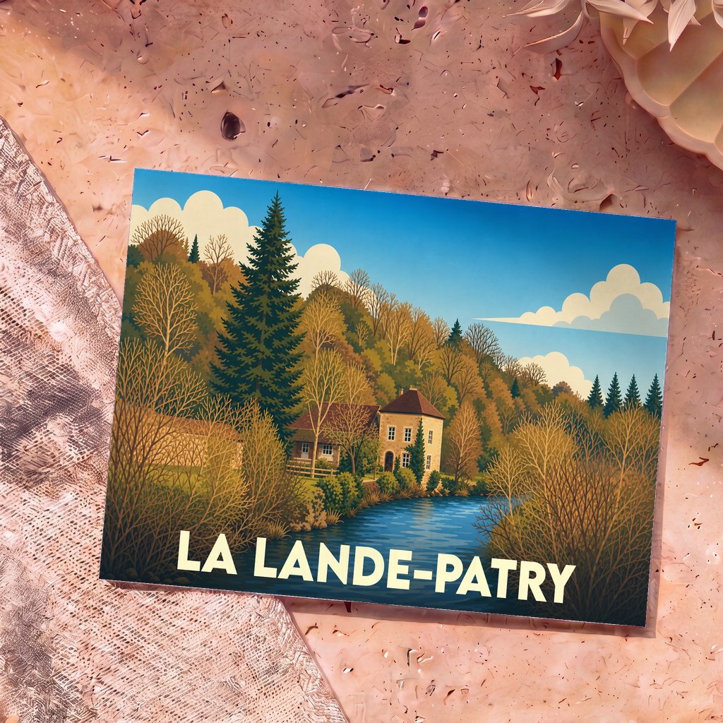 Carte postale souvenir de la ville de La Lande-Patry avec une illustration stylisée d'un paysage d'automne au bord de l'eau.
