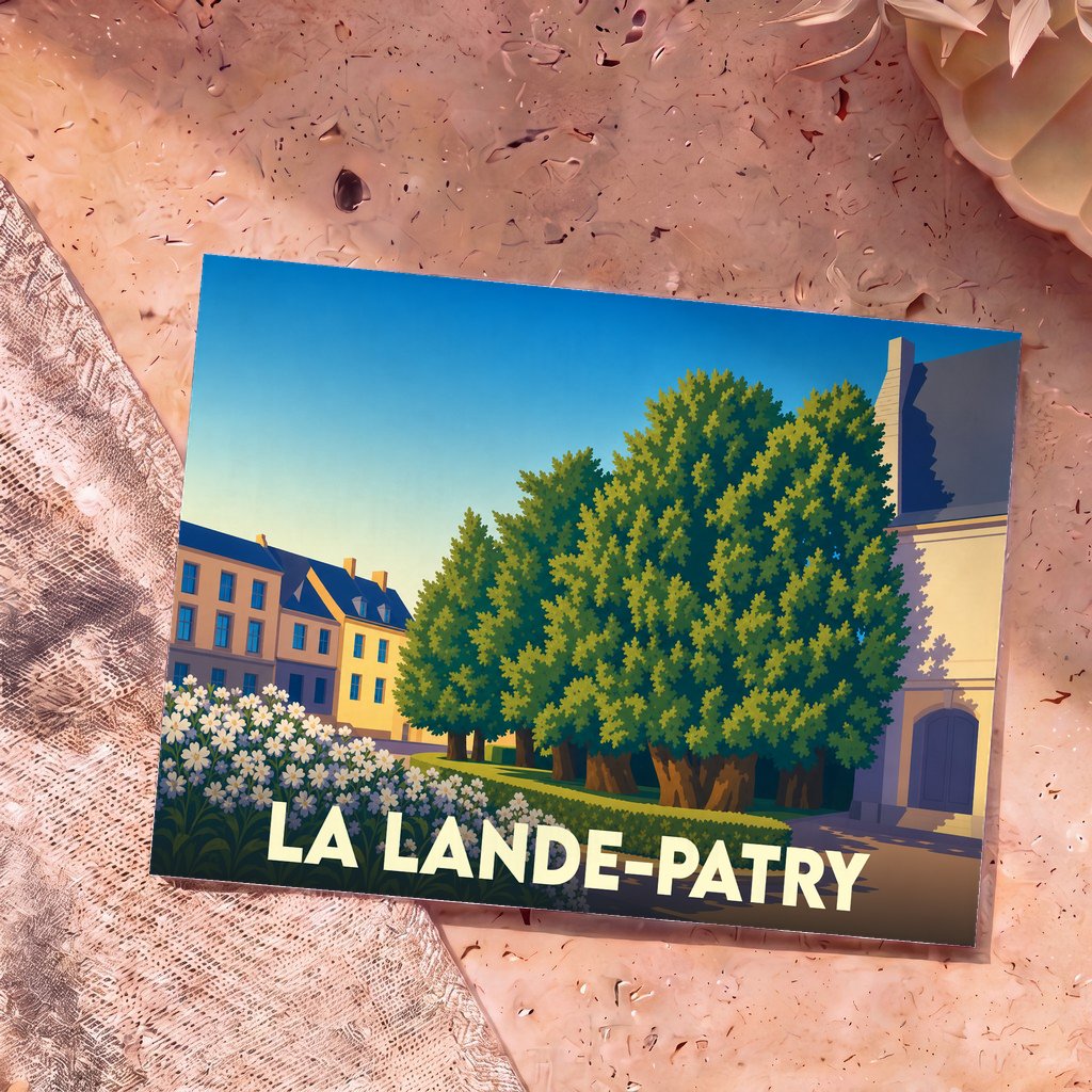 Carte postale souvenir de la ville de La Lande-Patry avec une illustration stylisée et colorée.