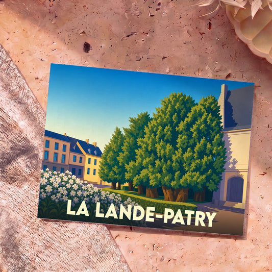 Carte postale souvenir de la ville de La Lande-Patry avec une illustration stylisée et colorée.