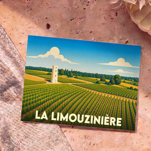 Carte postale souvenir de la ville de La Limouzinière avec une illustration stylisée de vignobles et d'une tour blanche.