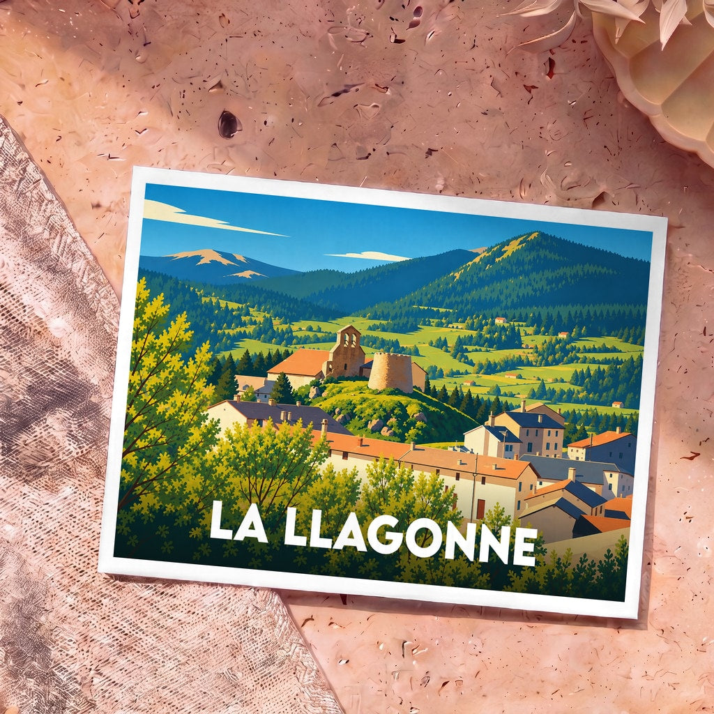Carte postale souvenir de la ville de La Llagonne avec une illustration stylisée de ses paysages montagneux.