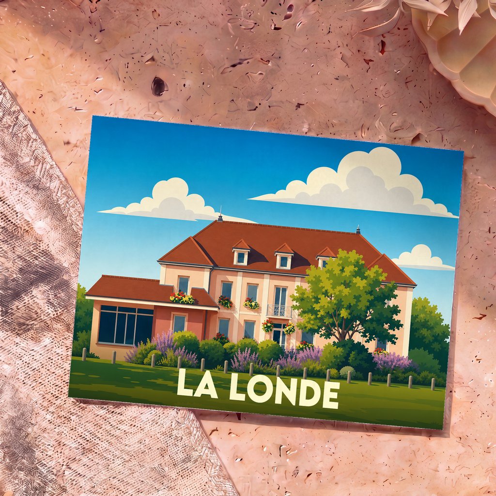 Carte postale souvenir de la ville de La Londe avec une illustration stylisée d'une grande demeure provençale.
