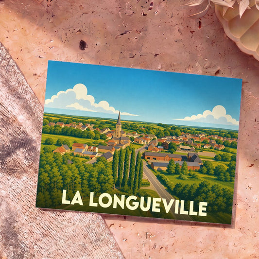 Carte postale souvenir de la ville de La Longueville avec une illustration stylisée d'un village rural.