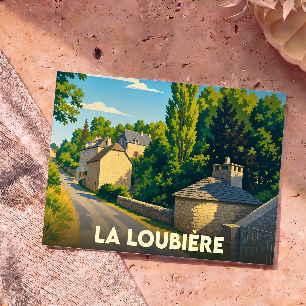 Carte postale souvenir de la ville de La Loubière illustrant un paysage de village ensoleillé.