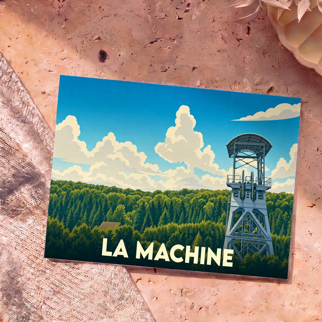 Carte postale souvenir de la ville de La Machine avec une illustration stylisée d'un puits de mine s'élevant au-dessus d'une forêt.